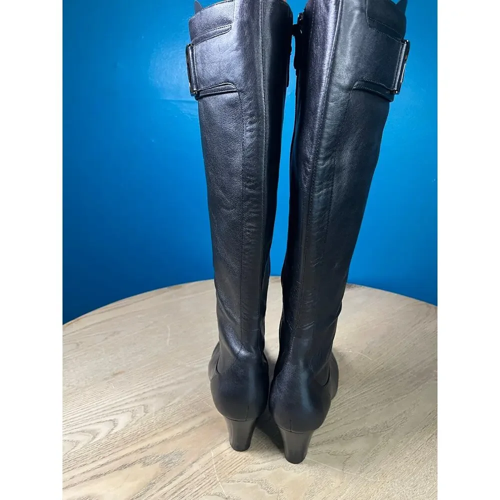 Cole Haan Tall Black Leather Buckle Boots Almond Toe Block Heel Women’s Size 8.5